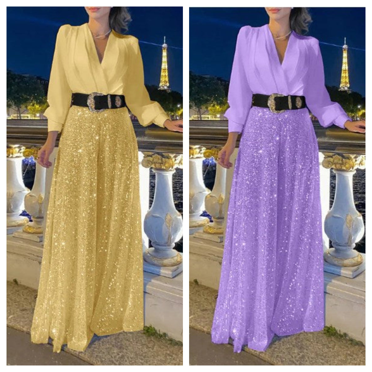 💝Módní tričko s dlouhými rukávy a výstřihem do V + široké kalhoty s flitry-TAB