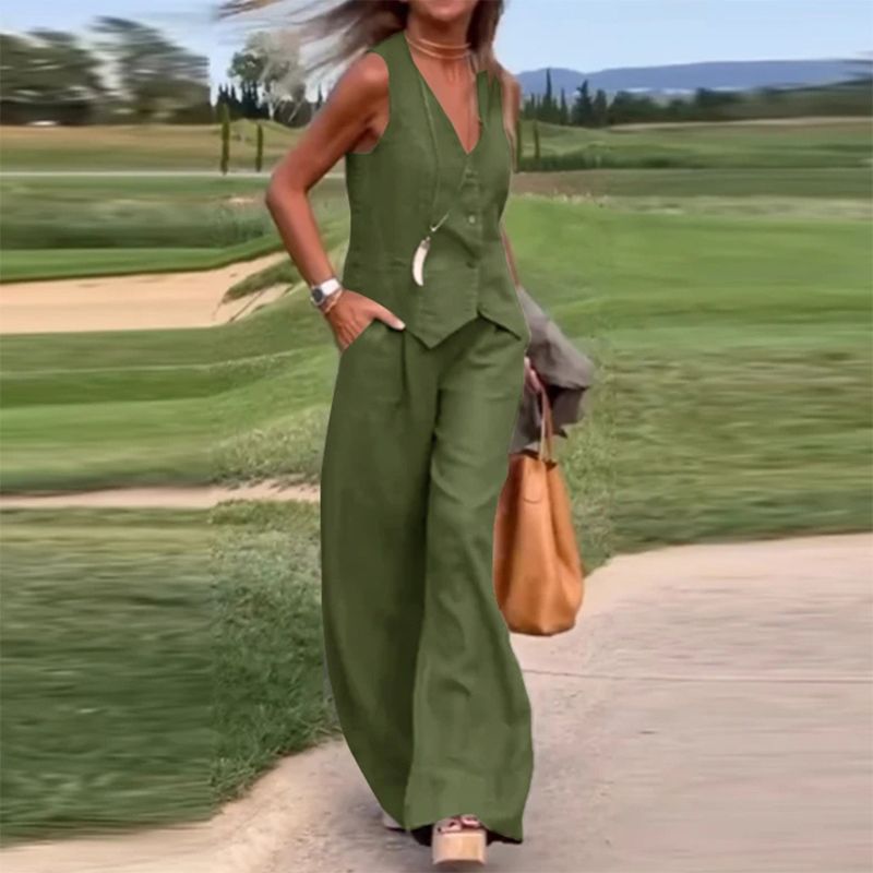 💕Barevná vesta a široké kalhoty na knoflíky, dámská dvoudílná souprava