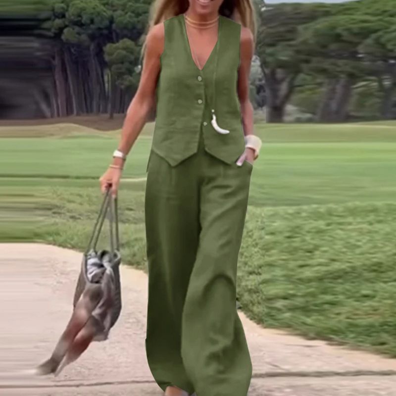 💕Barevná vesta a široké kalhoty na knoflíky, dámská dvoudílná souprava