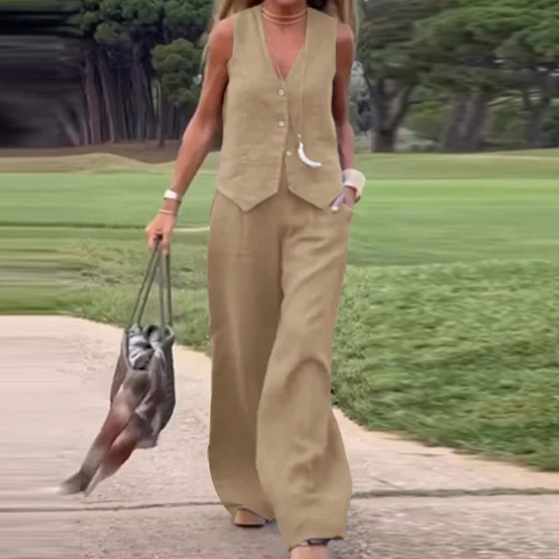 💕Barevná vesta a široké kalhoty na knoflíky, dámská dvoudílná souprava