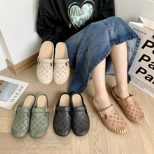 Dámské pantofle s kulatou hlavou a dutými vyřezávanými květinami na nízkém podpatku