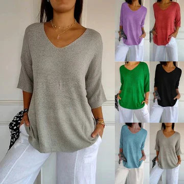 🔥2024 Nový styl🥰 Jednobarevný úpletový top s výstřihem do V