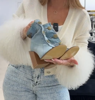 Módní dámské boty na vysokém podpatku z džínové látky s knoflíky