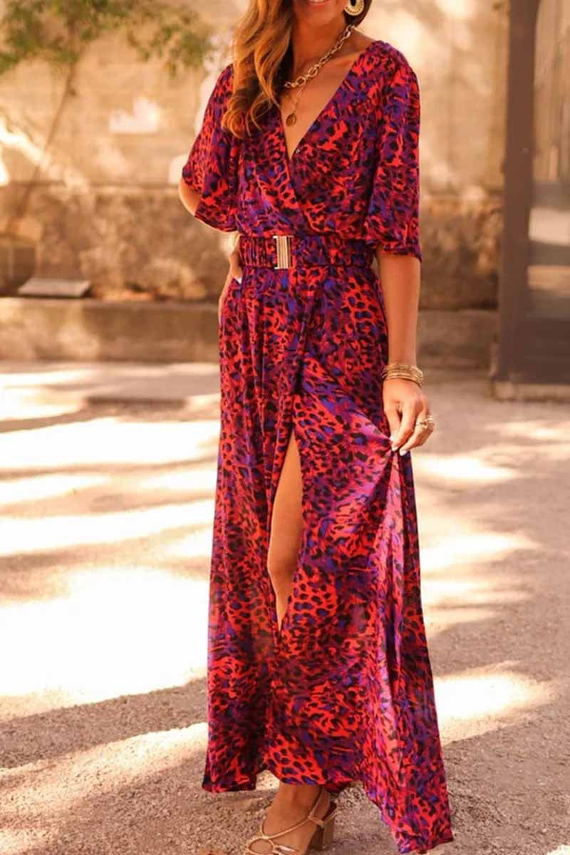 Dámské maxi šaty s úzkým pasem a krátkým rukávem s potiskem