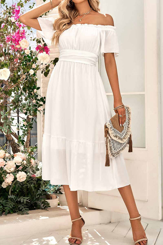 Dámské ležérní elegantní šaty s lodičkovým výstřihem, jednobarevné midi šaty