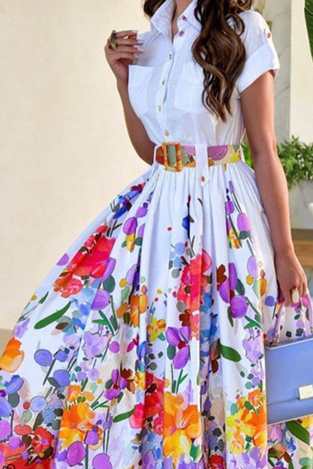 Dámské květinové košilové šaty s krátkým rukávem do pasu