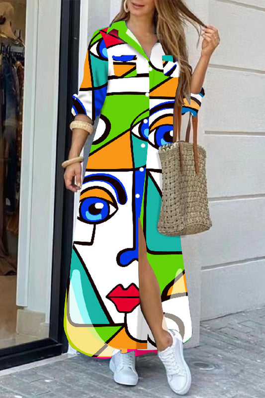 Dámská módní košile s dlouhým rukávem, maxi šaty s potiskem