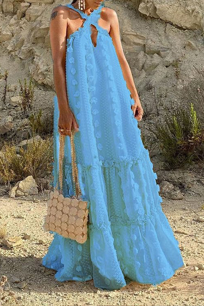 Dámské jednobarevné 3D květinové dortové šaty s maxi ohlávkou na krku