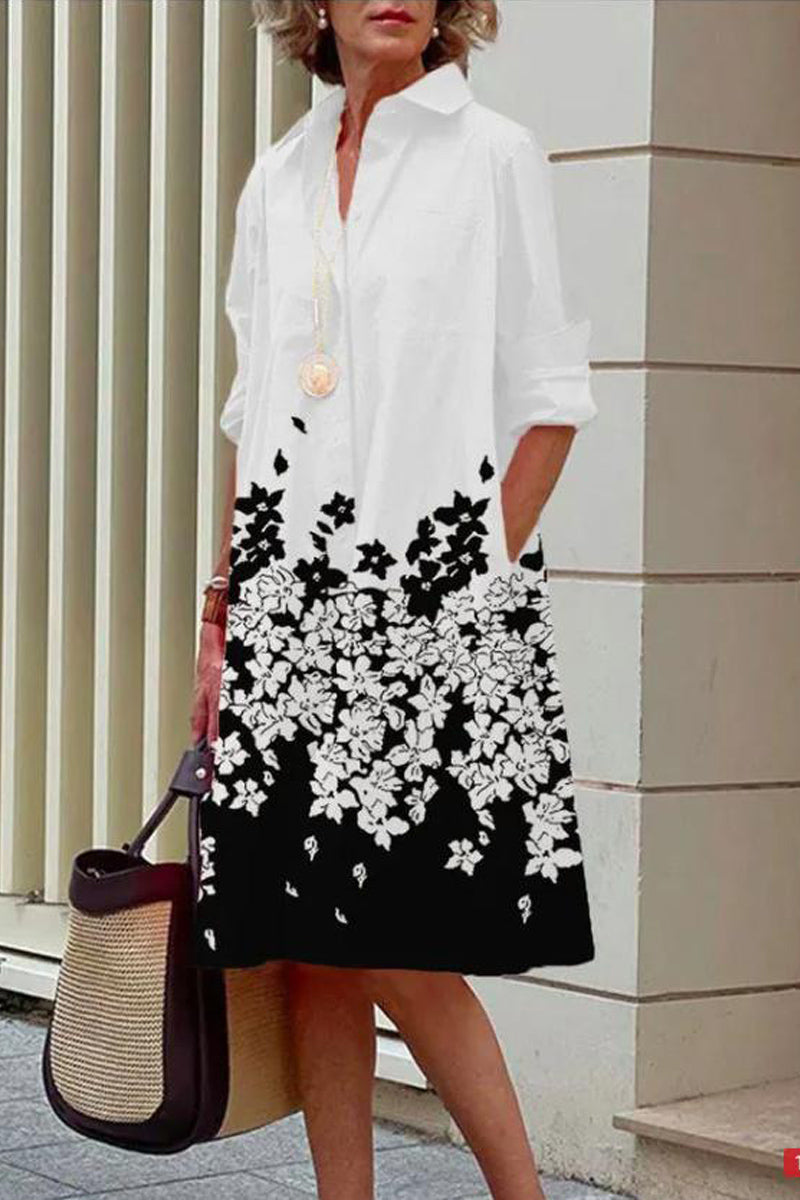 Dámské jednoduché midi šaty s dlouhým rukávem a klopou s potiskem