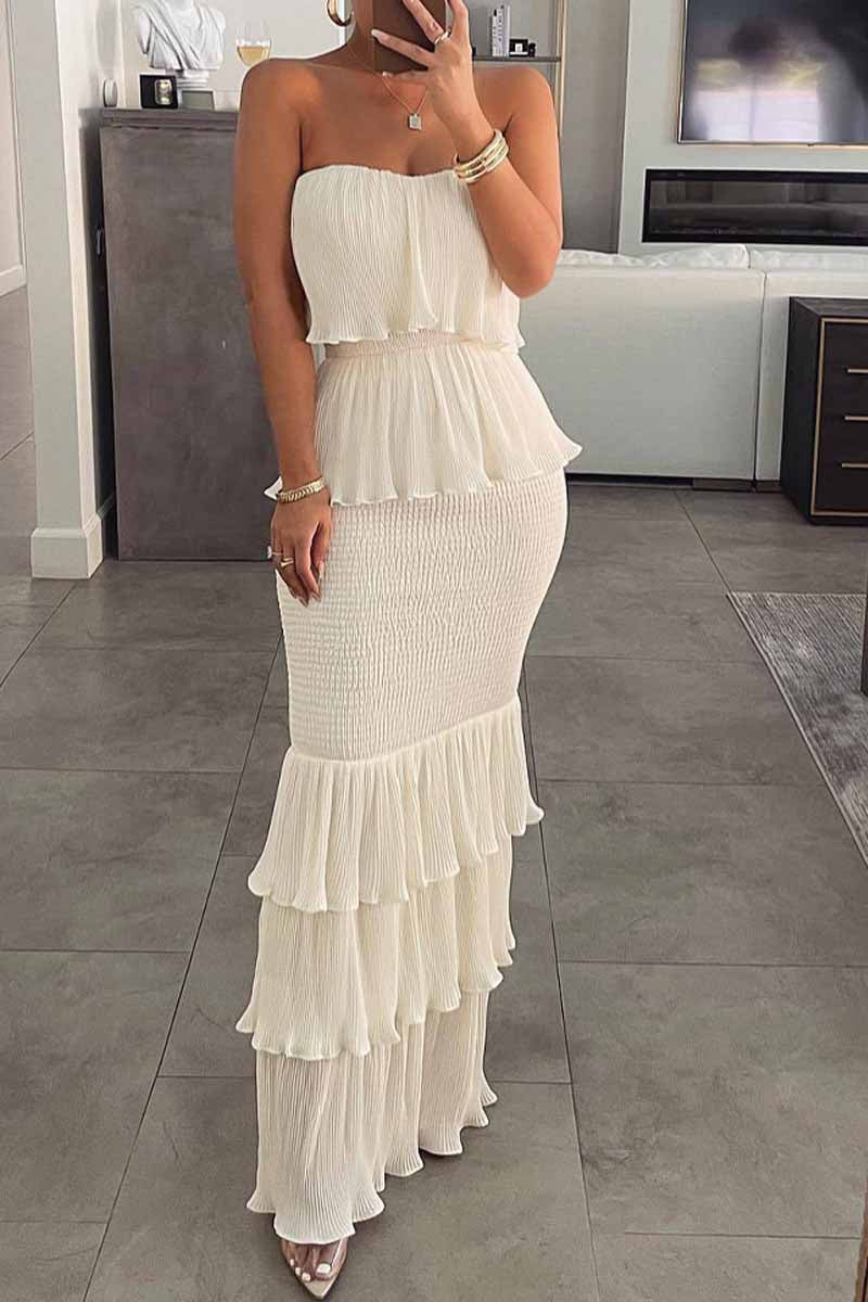 Dámské tenké maxi šaty s plisovaným volánem z trubice